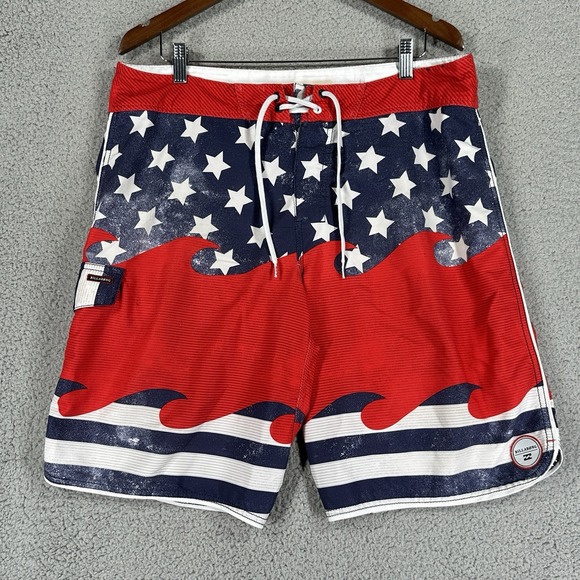 Billabong Stretch USA Flag American Stars Stripes‎ Waves Board Shorts Size 36 - Picture 1 of 10